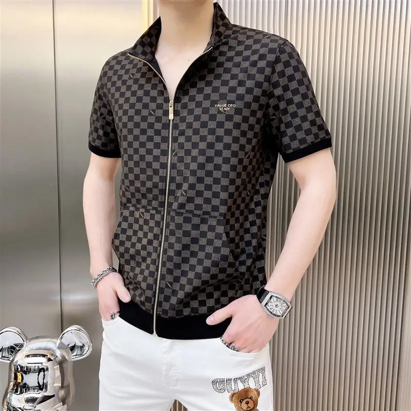 2023 Новый летний модный тренд, воротник-стойка, клетчатый принт, карман в стиле пэчворк, Повседневная деловая универсальная мужская рубашка-кардиган