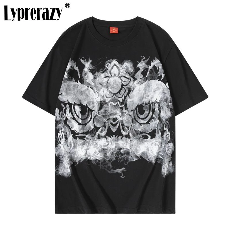 Lyprerazy, китайская живопись тушью, танцевальный принт льва, футболка с короткими рукавами, летние хлопковые топы в национальном стиле, футболки