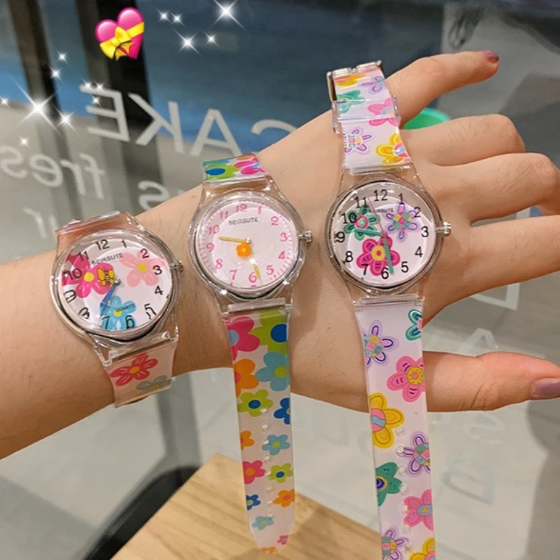 Летние детские часы для девочек, студенческие водонепроницаемые силиконовые часы с милыми цветами, кварцевые часы, детские кварцевые аналоговые наручные часы, подарок