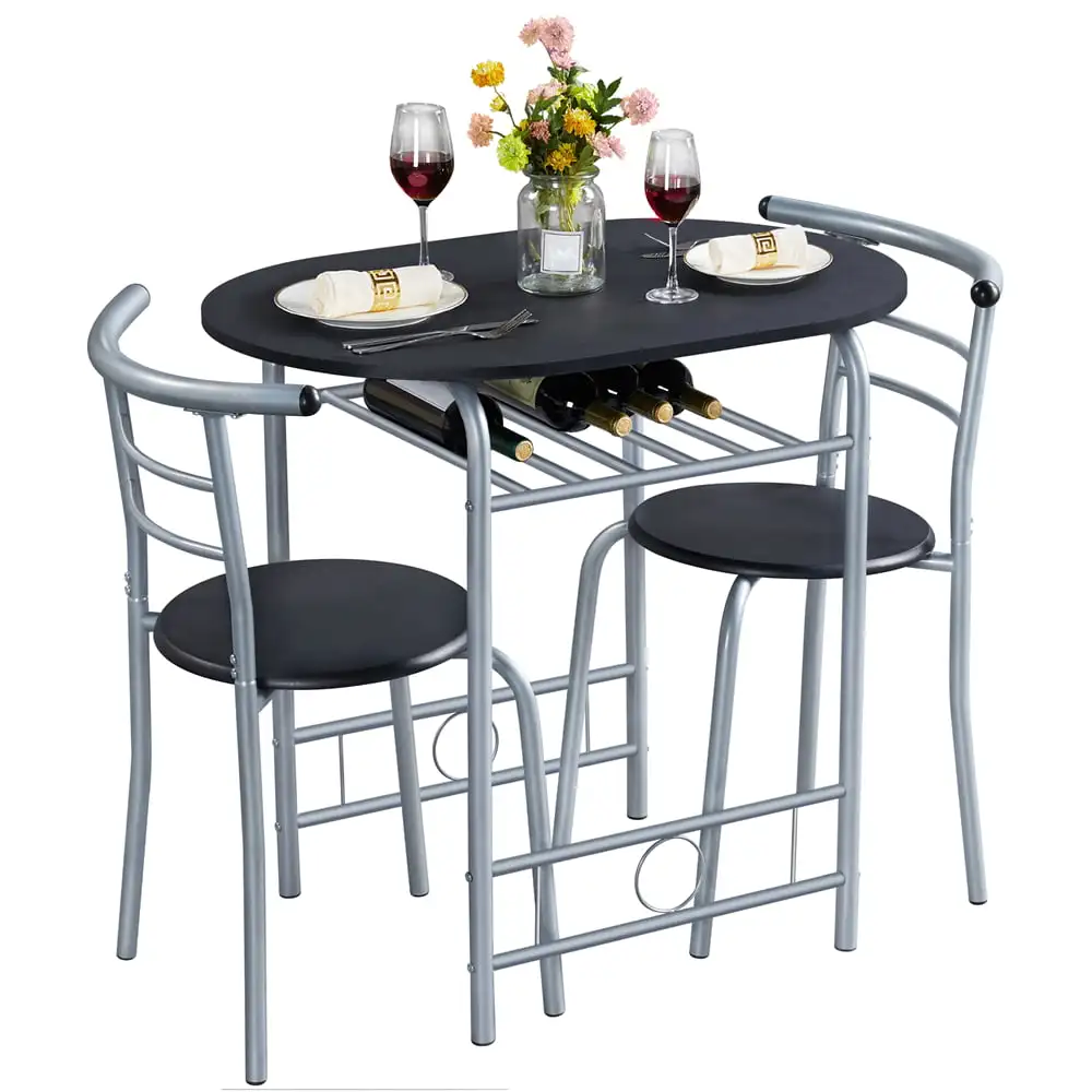 современный обеденный набор из 3 предметов с 1 круглым столом и 2 стульями для дома, черный