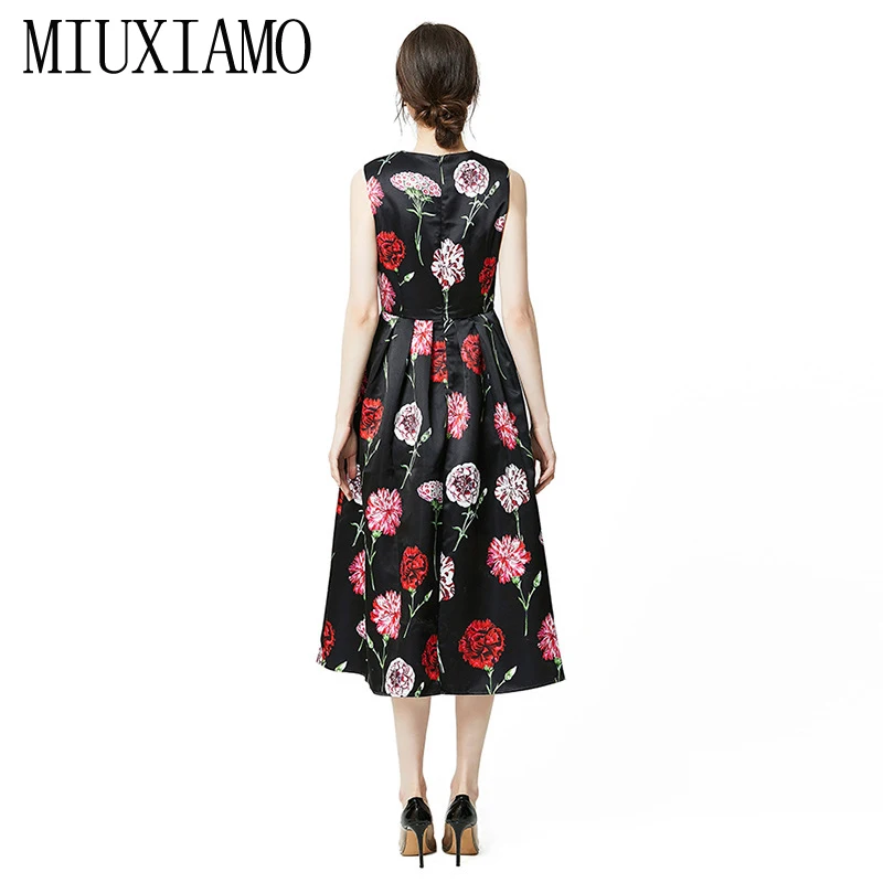 MIUXIMAO 2023 Модное Летнее платье для подиума, Женское Ретро Платье без рукавов с цветочным принтом, Черное Винтажное платье, Женское vestidos