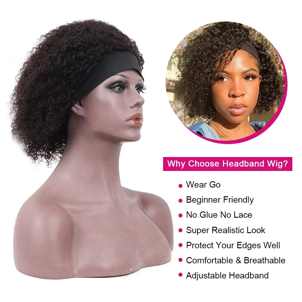 Кудрявый Парик-повязка на голову из 100% бразильских Человеческих Волос, Короткие Афро-Кудрявые парики для женщин, 200-плотные Бесклеевые Кудрявые парики-шарфы