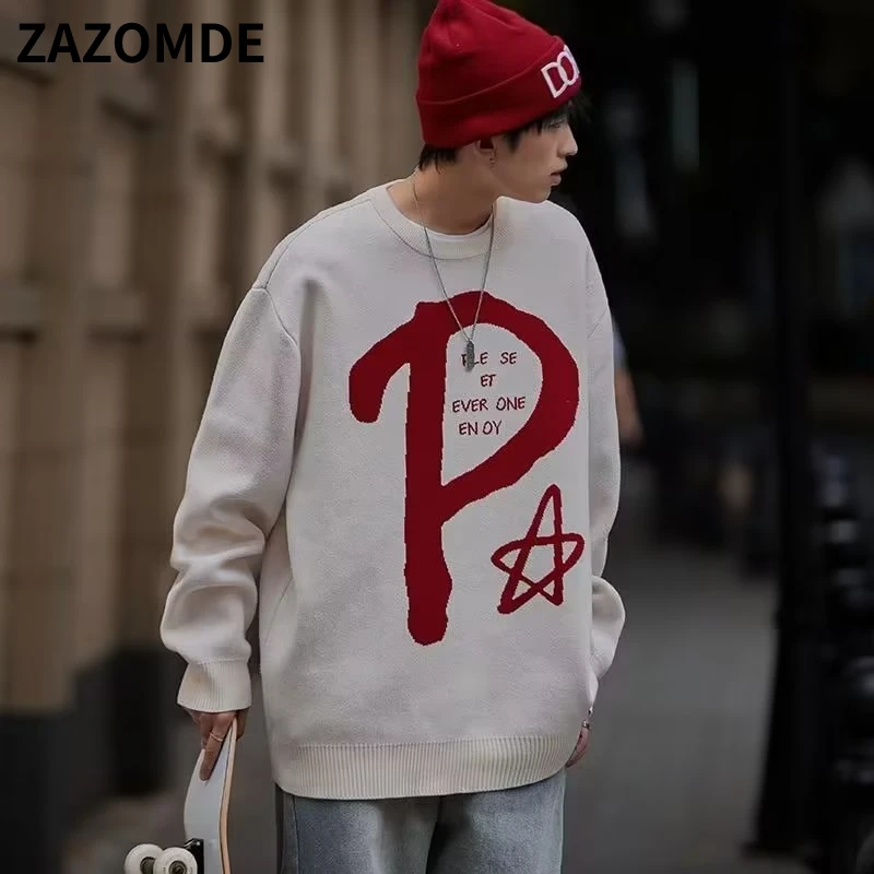 ZAZOMDE/ Новый свитер с круглым вырезом в японском стиле в стиле ретро с алфавитом, мужской и женский пуловер, Уличные Свободные осенние свитера Большого размера, Повседневные