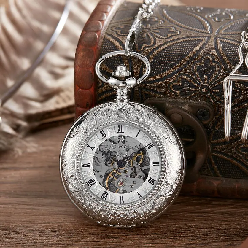 Новые 2 Стороны Открытые Подарочные Механические карманные часы с резьбой Для Мужчин И женщин Fob Ручной Ветер Двойной Охотник Римские цифры