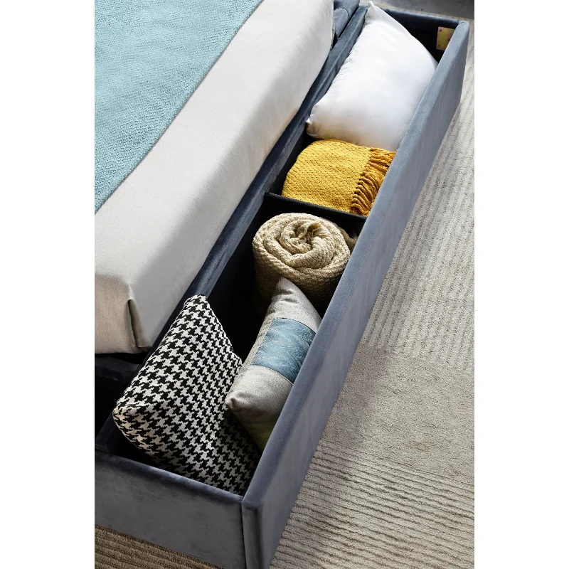 Современная кровать с бархатной обивкой и шкафчиком для хранения, рама из цельного дерева с тафтингом на пуговицах, ножка из серебристого металла высокой плотности, поролон