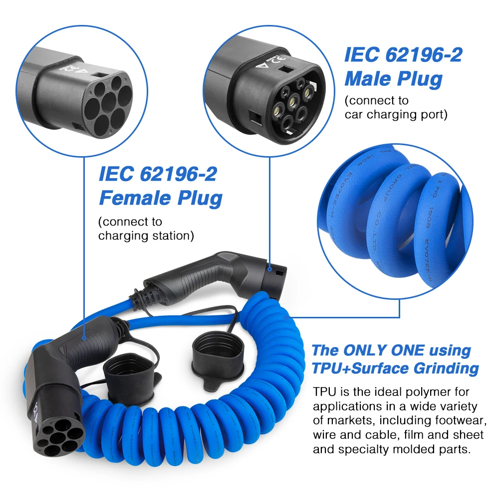 Morec IEC 62196-2 EV Зарядный Спиральный кабель для станций, Спиральный шнур для электромобилей, кабель для зарядного устройства От типа 2 до Типа 2 32A 7,2 КВТ
