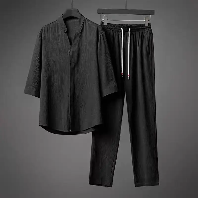 Лето 2023, Новый стиль, мужской модный повседневный однотонный костюм с футболкой, мужской комплект из двух предметов 5xl