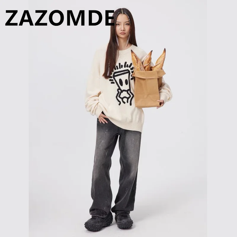 ZAZOMDE, Новый вязаный свитер в стиле Харадзюку с героями Мультфильмов, Зимние Винтажные графические свитера, Черные Пуловеры, Корейские модные уличные свитера