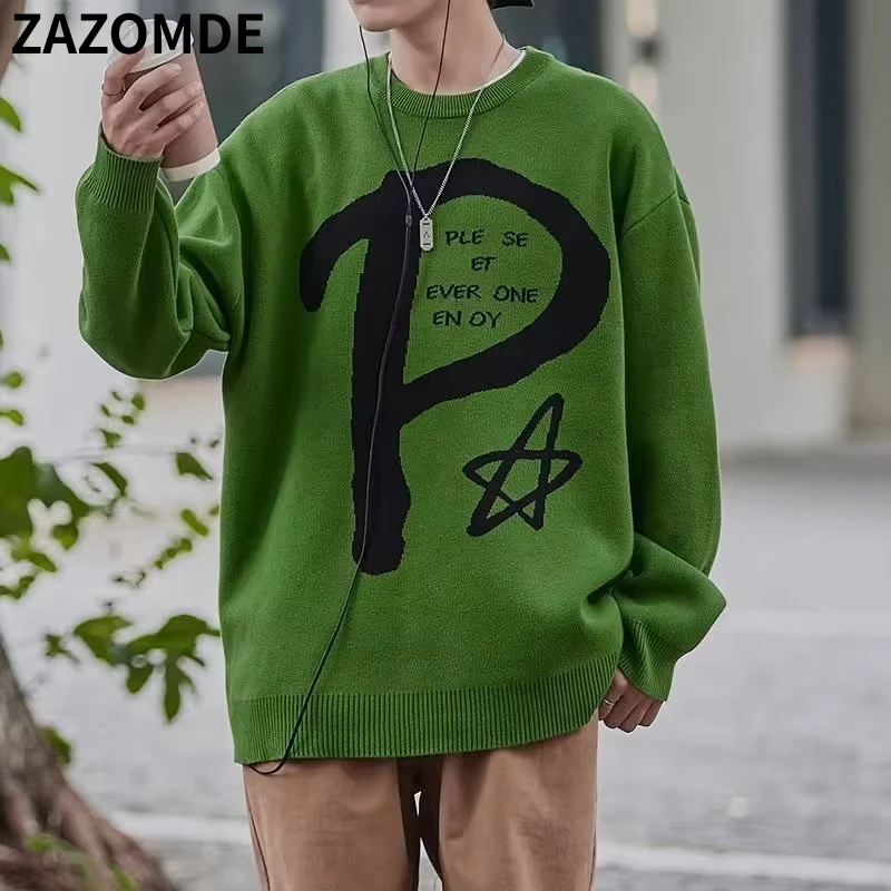 ZAZOMDE/ Новый свитер с круглым вырезом в японском стиле в стиле ретро с алфавитом, мужской и женский пуловер, Уличные Свободные осенние свитера Большого размера, Повседневные
