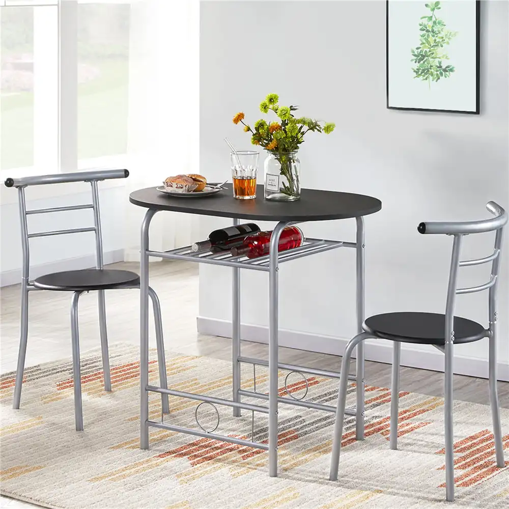 современный обеденный набор из 3 предметов с 1 круглым столом и 2 стульями для дома, черный